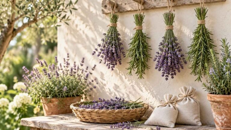 Gifts from the garden: lavender and rosemary bundles hanging to dry above a basket of lavender and linen sachets