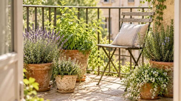 Lavender in pots on a sunny balcony with a bistro chair and other scented herbs