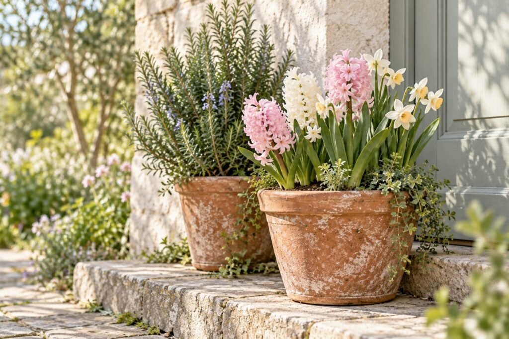 Paperwhites indoors and pink hyacinths in terracotta pots, scented bulbs for Christmas