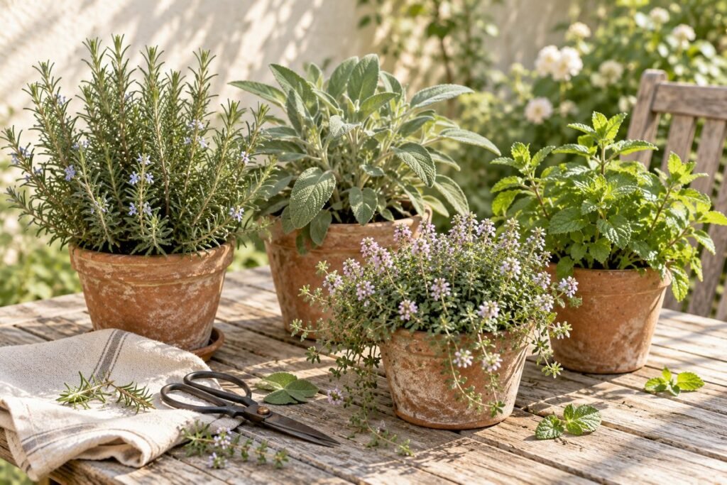 Rosemary, sage and thyme in terracotta pots, fresh herbs for a simmer pot