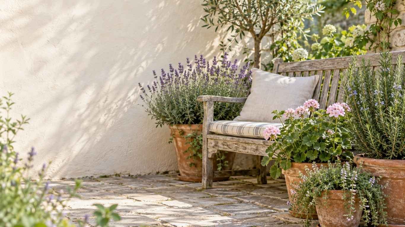How to create a scented garden on a patio: potted lavender and rosemary beside a wooden bench