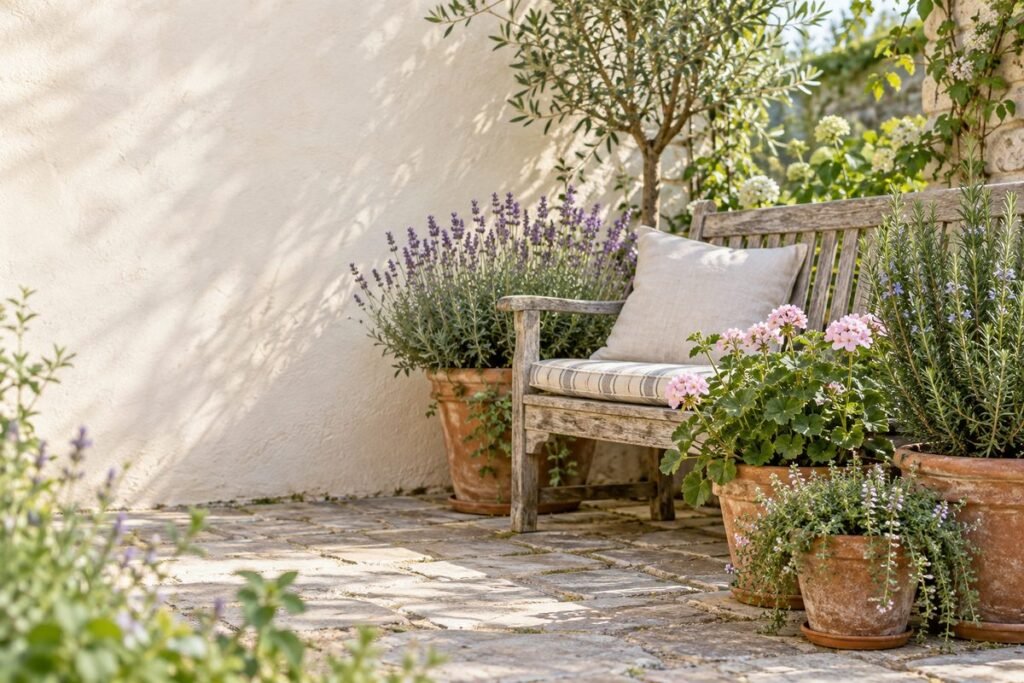 Scented geraniums in terracotta pots beside a garden bench with lavender