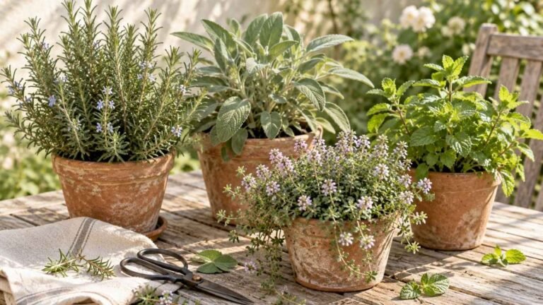 Overwintering herbs: terracotta pots of rosemary, sage and thyme gathered on a wooden table