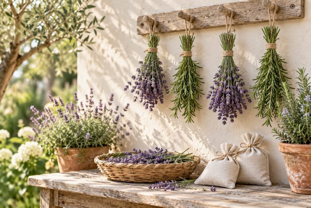 Bundles of rosemary and lavender drying on a wall, garden herbs for simmer pot recipes
