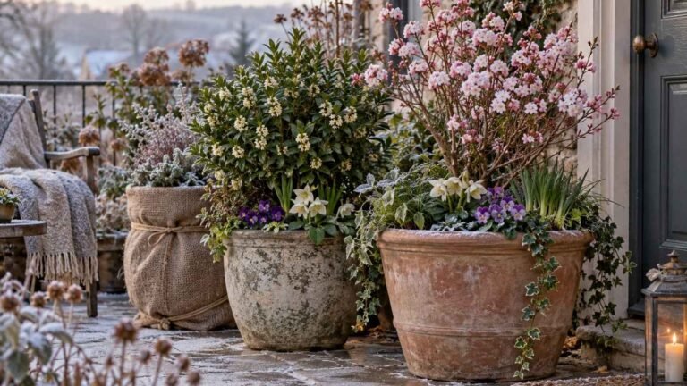 Winter pots on a sheltered terrace step with violas, silver foliage and bulbs