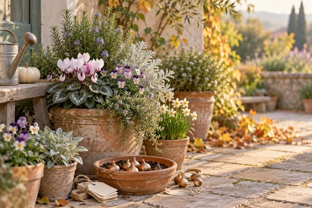 Fragrant winter pots grouped on a terrace with bulbs ready to plant