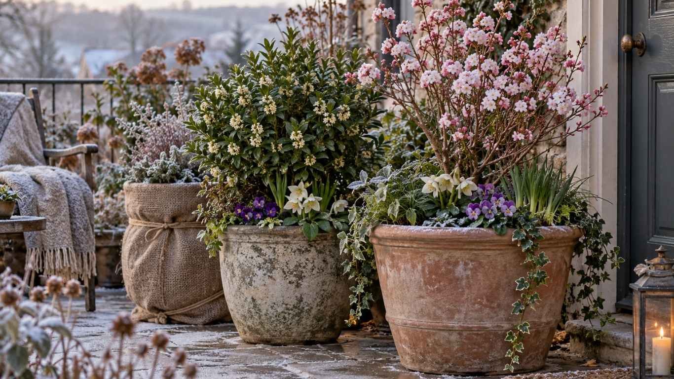 Winter pots on a sheltered terrace step with violas, silver foliage and bulbs